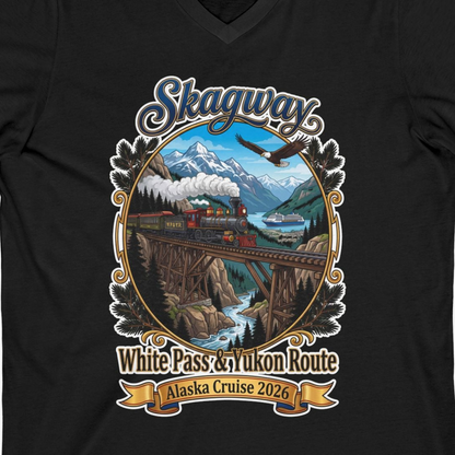 Skagway Alaska Cruise Shirt White Pass Yukon Route 2026 Souvenir — V-Neck V-Neck Shirt – Black – Alaska Cruise Shirts Close Up