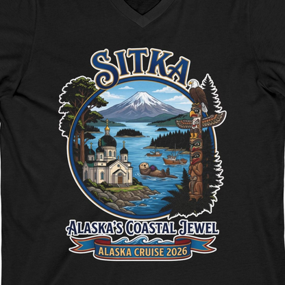 Sitka Alaska Cruise 2026 Alaska's Coastal Jewel Travel Souvenir Shirt — V-Neck V-Neck Shirt – Black – Alaska Cruise Shirts Close Up
