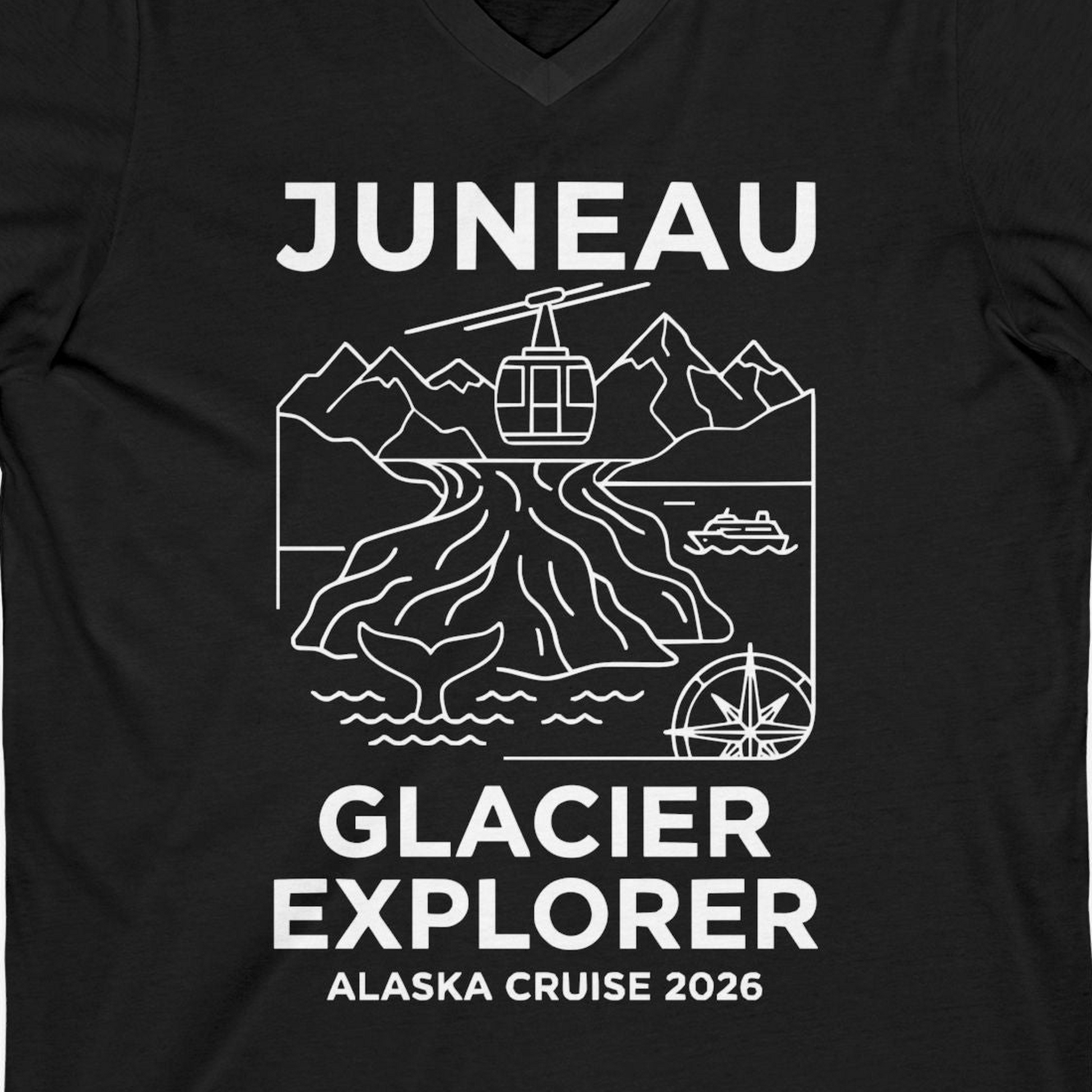 Juneau Glacier Explorer Alaska Cruise 2026 Adventure Shirt — V-Neck V-Neck Shirt – Black – Alaska Cruise Shirts Close Up