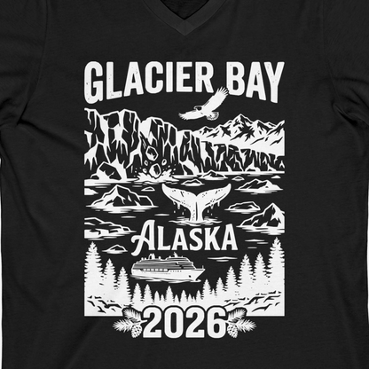 Glacier Bay Alaska 2026 Cruise Adventure Nature Scene Shirt — V-Neck V-Neck Shirt – Black – Alaska Cruise Shirts Close Up