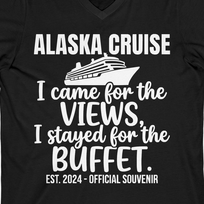 Alaska Cruise Views and Buffet Funny Official Souvenir Shirt — V-Neck V-Neck Shirt – Black – Alaska Cruise Shirts Close Up