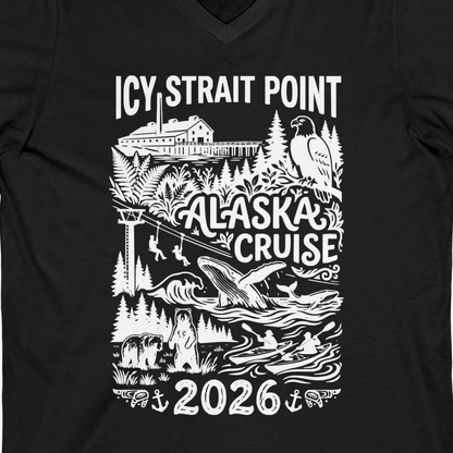 Icy Strait Point Alaska Cruise 2026 Wildlife Adventure Shirt — V-Neck V-Neck Shirt – Black – Alaska Cruise Shirts Close Up