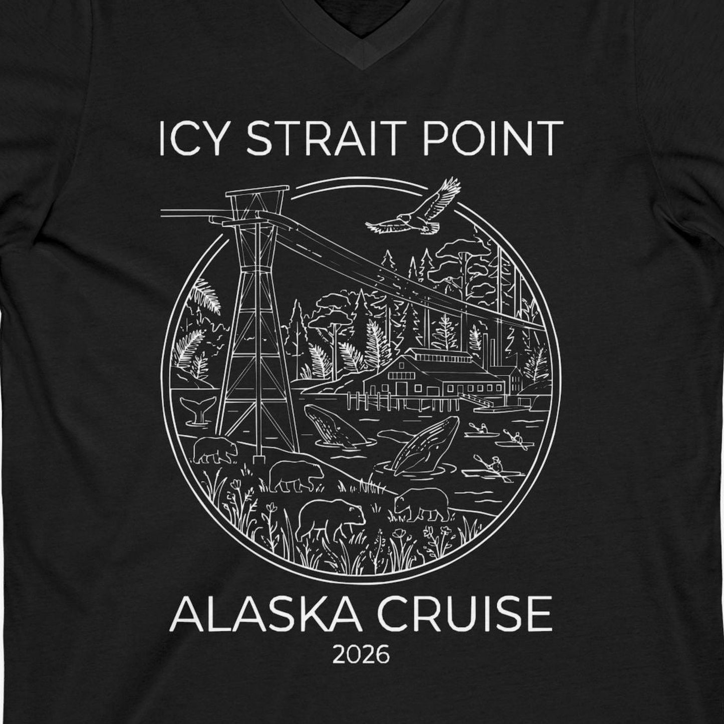 Icy Strait Point Alaska Cruise 2026 Nature Adventure T-Shirt — V-Neck V-Neck Shirt – Black – Alaska Cruise Shirts Close Up