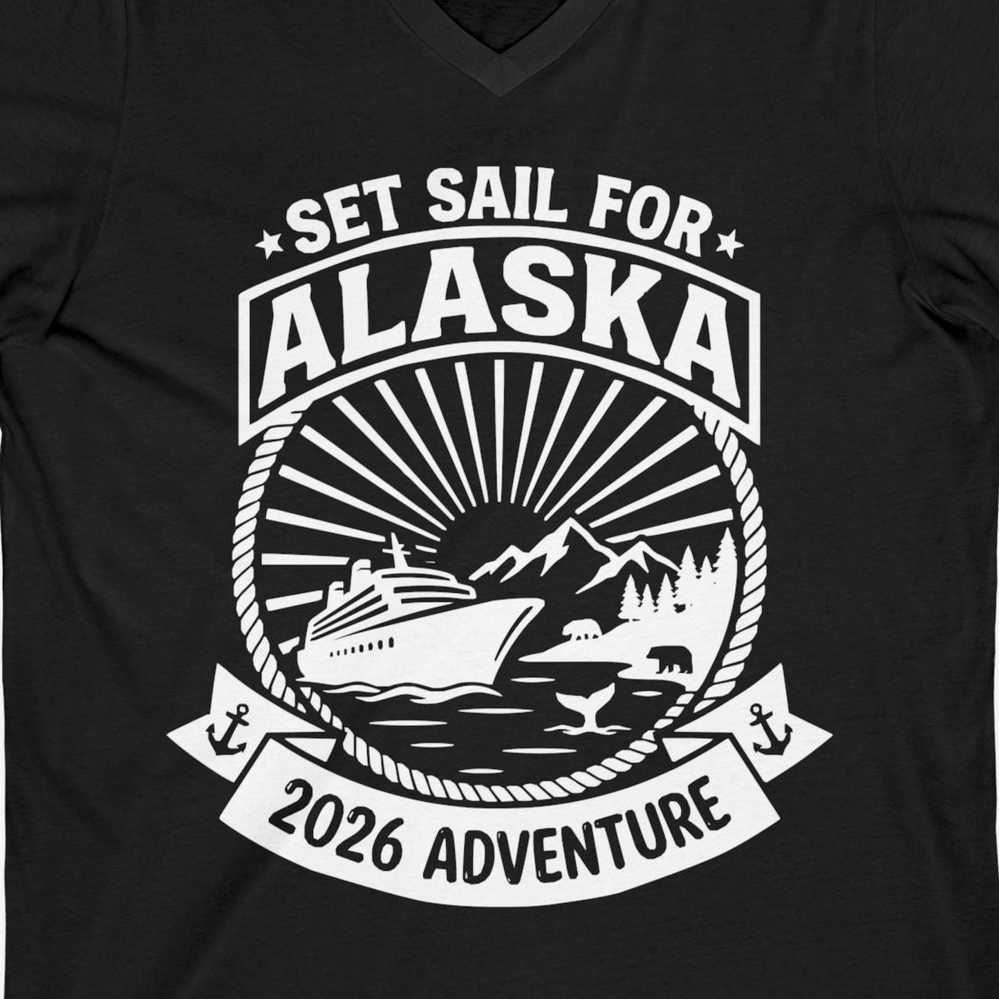 Set Sail for Alaska 2026 Adventure Vintage Cruise Shirt — V-Neck V-Neck Shirt – Black – Alaska Cruise Shirts Close Up