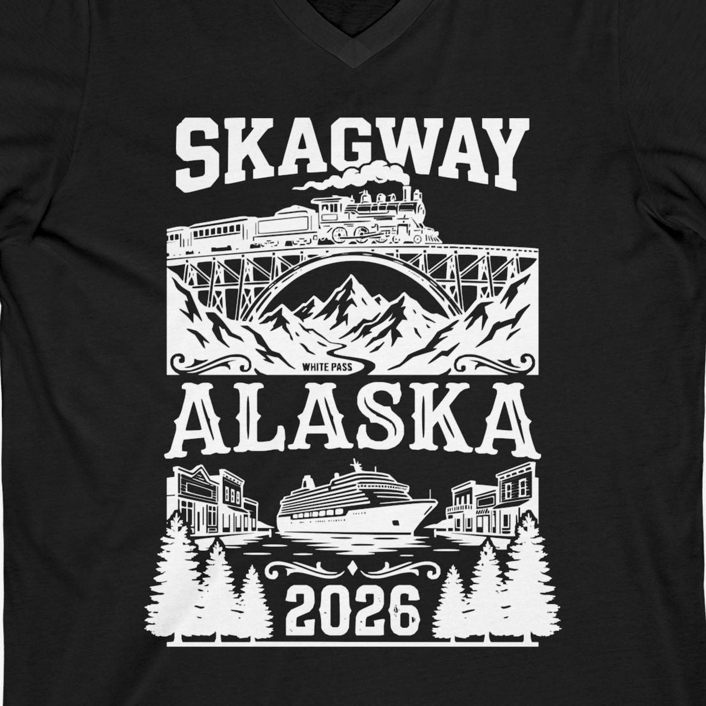 Skagway Alaska Cruise 2026 Shirt with Train and Mountains — V-Neck V-Neck Shirt – Black – Alaska Cruise Shirts Close Up